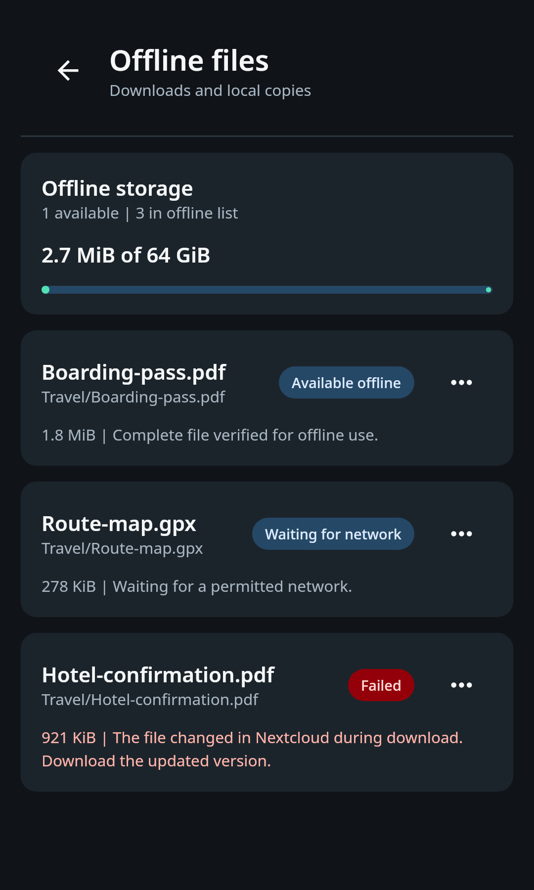 nati.ve Android transfer view with pending, active, failed, and completed work separated into actionable states